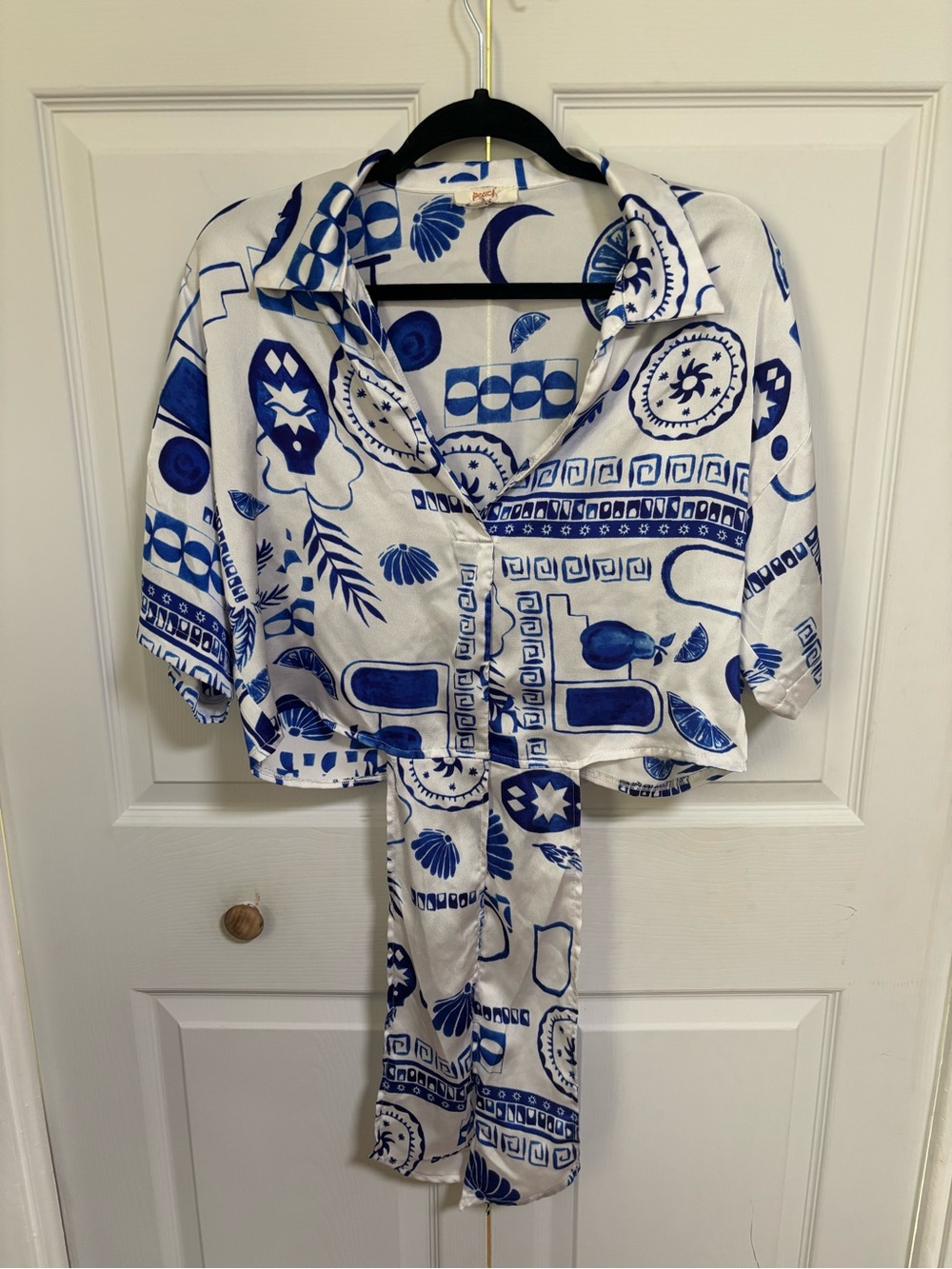 Blue & White Printed Tie-Front Crop Shirt